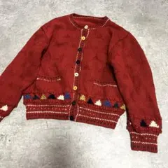 古着　PUPPY 動物柄　刺繍　ニット　カーディガン　レディース　赤　レッド