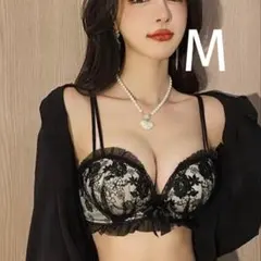 楽ブラ レース 盛れる 下着2597ブラックホワイトM ノンワイヤーブラショーツ