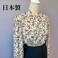 レディース茶トップス白ポリシャツ花柄バンドカラー立ち襟フラワー総柄ポップ