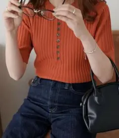 Discoat リブ多釦5分袖プルオーバー