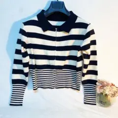 GRL グレイル ボーダー柄 Mサイズ ジップアップ ニット トップス Wジップ
