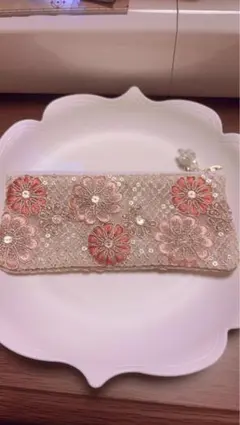 インド刺繍リボン　ポーチ　オレンジ系　16センチファスナー　ラトカンサービス