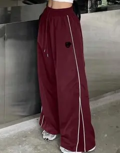 ウエストドローストリング パッチワーク サイドスリット ワイドパンツカーゴパンツ