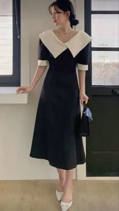 コントラストカラー 半袖 ワンピース 結婚式ドレス