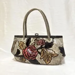 超美品 レトロ ビンテージ 昭和 エンボス加工 花柄ハンドバック がま口