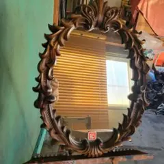 アンティーク木彫り　掛鏡 レトロ アンティーク雑貨【壁掛け 鏡 昭和レトロ 木彫り】 アンティーク雑貨