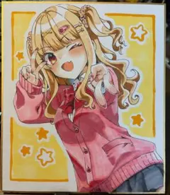 手描きイラスト 色紙 金髪 平成ギャル オリジナル 女の子 ピース