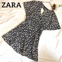 ZARA 花柄チュニックワンピース　半袖　フレアスリーブ　フラワー　トップス