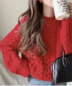 ＊値下げ＊手編み風 ざっくり ケーブルニット ショート丈 赤 RED