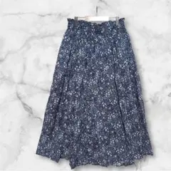 フラワープリント フレアロングスカート ネイビー FREE