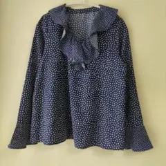 SLY スライ 水玉 ネイビー ブラウス フリル襟 フレアスリーブ