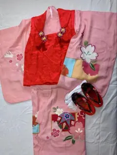 七五三 絹 赤とピンク 着物セット 5歳 3歳