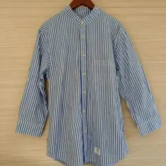 ナノ・ユニバース 青白ストライプ 長袖シャツ バンドカラー 七分袖 M