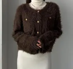 【Louere/ルエレ】ゴールドボタンシャギーニットカーディガン