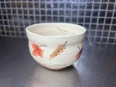 期間限定 茶道 茶碗 色絵 紅葉 白 正陶 ピンク粉 引抹茶碗