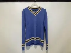 青色 Vネック ケーブル編みセーター