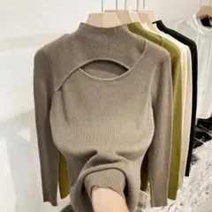 ハーフタートル セーター 肌見せ ブラウン 胸開き レディース