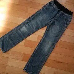 デニムブルー ストレートパンツ ゴムバンド付き