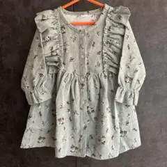 【美品】キッズワンピース　スカート　長袖　お花　お洒落　フリル　グリーン　８０