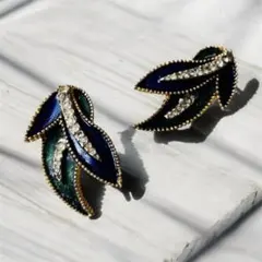 ⑨ ヴィンテージ　エナメル リーフ イヤリング ブルー グリーン ラインストーン