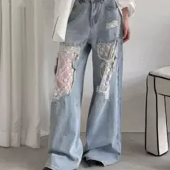 ダメージ加工 ワイドレッグデニムパンツ Mサイズ　AsRi Re レース　春服