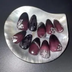 ボルドー、ブラックグラデーション 透け感レース　ネイルチップ 10個セット