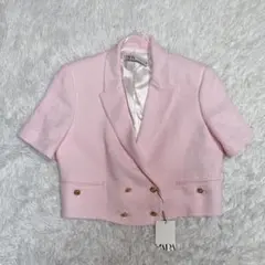 新品　 ザラ　ツイード　ショート丈　ジャケット　金ボタン　ダブル　ピンク　L