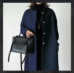 シンプル ミドル 丈 ラウンドネック ベルトレス 韓国風 コート ダークブルー