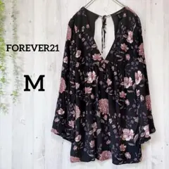 FOREVER21 花柄バックオープンチュニックワンピース M 黒 レトロ