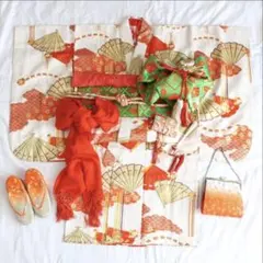 七五三 衣装 赤と緑 扇子模様　着画あり◯