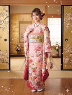 ゆったりサイズ　振り袖　フルセット　別誂長襦袢　金彩　刺繍　長尺帯締め　842