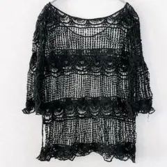 オシャレカジュアルレース透け感刺繍花柄五分袖トップス ブラック