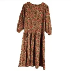 花柄 オーバーサイズコットン長袖ロングワンピース オレンジブラウン バラ 茶系