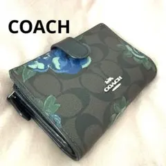 COACH 二つ折り財布 シグネチャー 花柄 ブルー 訳あり　ダークブラウン