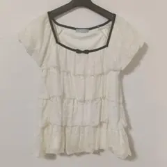 Xmiss 半袖 レース フリル ブラウス　アイボリーのサムネイル