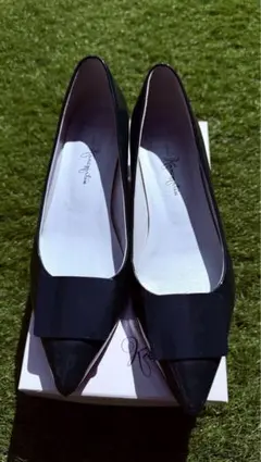 【銀座かねまつ本革 エナメルパンプス 24cm D モスグリーン レインシューズ