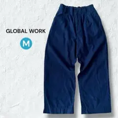 グローバルワーク 麻綿 ワイドパンツ ネイビー M テーパード イージーパンツ