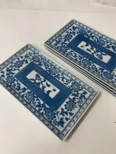 江戸時代 後期 染付 松竹梅 微塵 花唐草文 長皿 4客 長方皿 ばら売り可