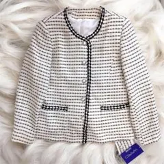 新品　ノーカラーツイードジャケット　黒アイボリー　セレモニー フォーマル L