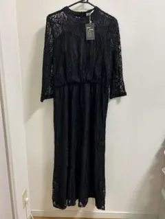 ブラック　シースルー袖総レースロング丈ワンピース・ドレスXXL