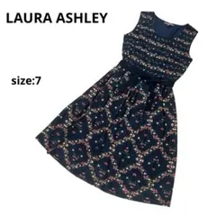 LAURA ASHLEY　花柄　ノースリーブワンピース　ネイビー　7号
