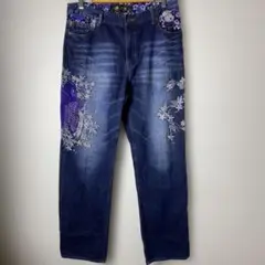 雅結 和柄　鯉　桜　刺繍　縮緬　デニム　パンツ XXL