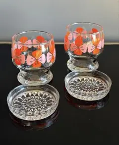 昭和レトロポップ　2セット　ぽってりグラス　花柄コップ　ガラスコースター　豆皿