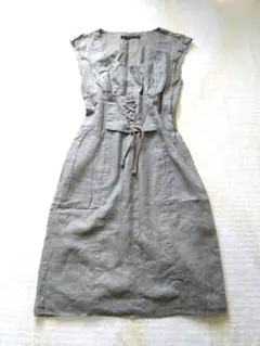 ザラウーマン ZARA ノースリーブ レースアップ ワンピース リネン カーキ