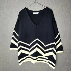 SEVENDAYS=SUNDAY Vネック七分袖セーター　ニット　ネイビー　紺