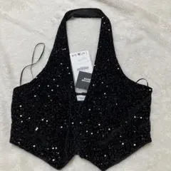 【新品タグ付】ZARA スパンコール ベロア ブラレット ブラック M