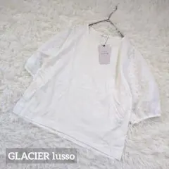 GLACIER lusso　ジャガード6分袖トップス　ホワイト　レース袖　M
