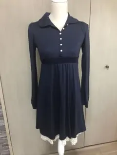 ウィルセレクション パールボタン 裾レースワンピース　ネイビー