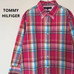 美品 TOMMY HILFIGER メンズ 7分袖 シャツ チェック ピンク L