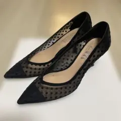 ZARAブラック ドット柄メッシュ ミッドヒールパンプス　黒